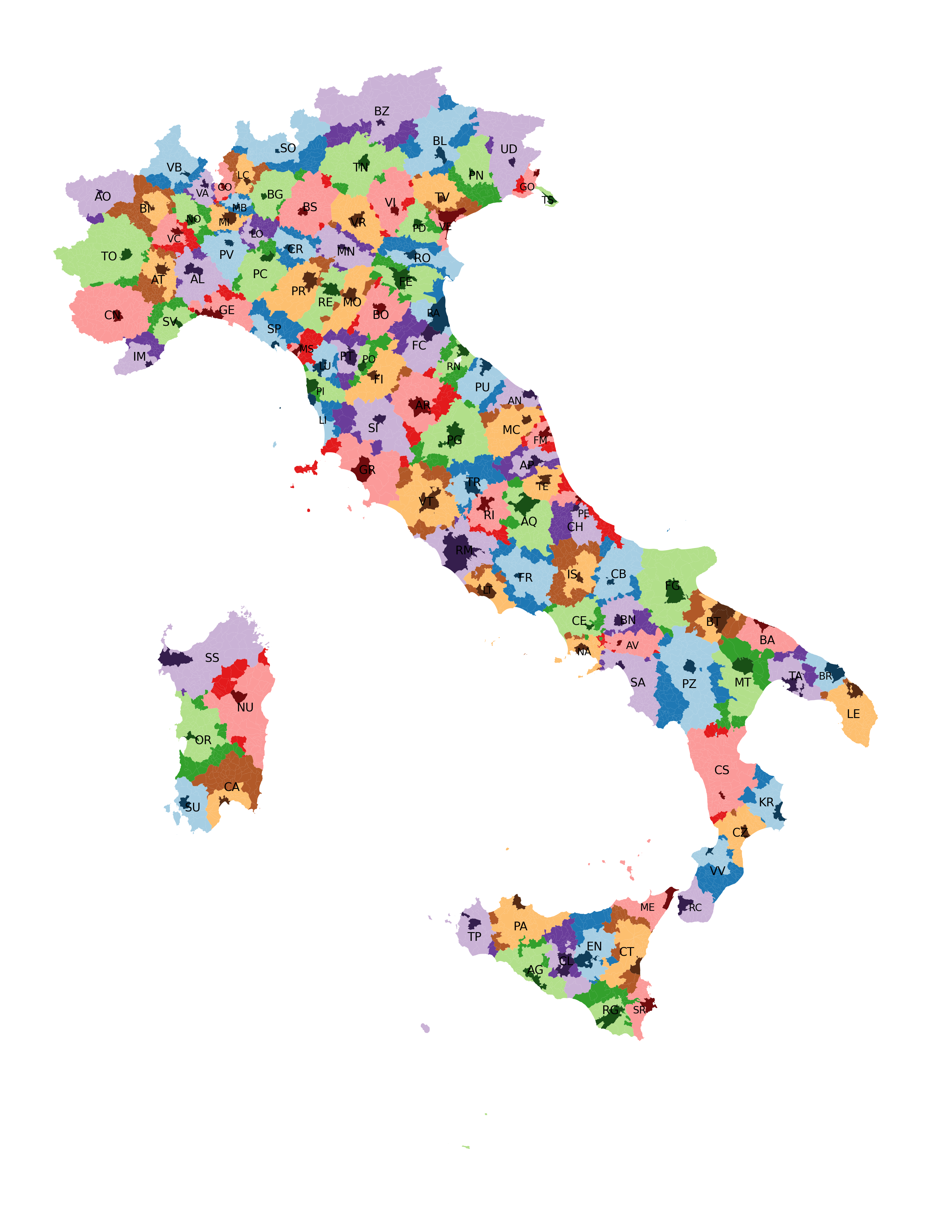 In colore più acceso i capoluoghi e i comuni che hanno “cambiato” provincia.